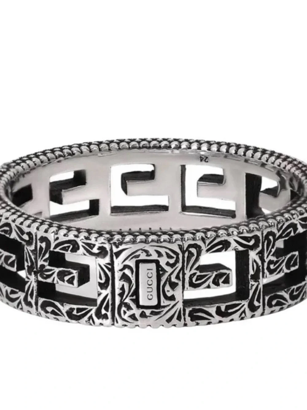 Gucci Silver & Black Engraved GG Cutout Unisex Band - Picture 1 of 4